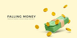 Fototapeta  - Falling money. 3d realistic cartoon gold coins and dollar banknote bundle. Big win or jackpot banner
