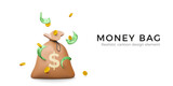 Fototapeta  - Money bag with falling gold coins and green banknotes in cartoon realistic style. 3d design money element for banner or poste