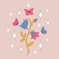 Wall Mural - Retro bluebell with butterflies and sparkles. Summer simple minimalist flowers. 70’s style plants. Colorful background. Vector illustration.