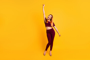 Sticker - Full length photo of cheerful pretty lady enjoy dancing clubbing have good mood isolated on yellow color background