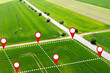 Czech realty business - Land plot in aerial view. Gps registration survey of property, real estate for map with location, area. 
