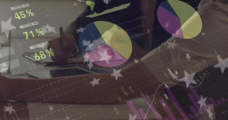 Poster - Animation of statistics and data processing with stars over diverse business people