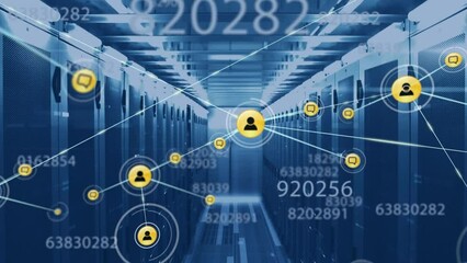 Animation of network of connections with digital icons and numbers over computer servers