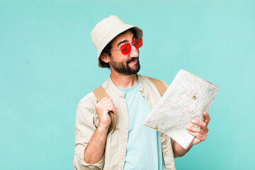 Poster - young adult hispanic crazy man. tourist or travel concept