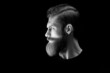 © USM Photography - Black and white portrait of confident young bearded man looks into the distance. Side view portrait of stylish young man red beard. Light accent on the beard and hair
