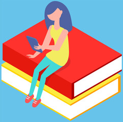 Poster - Self education, girl reading book, study and gain new knowledge. Student sitting on pile of textbooks. Concept of online courses, distance studying, self education, digital library, e-learning