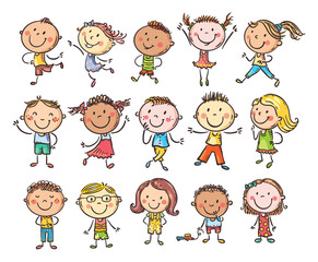 Leinwandbilder - Set of hand drawn cute cartoon doodle kids. Happy children different cultures and skin color