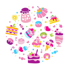 Wall Mural - Sweets Hand Drawn Cake, Cupcake and Ice Cream Dessert Vector Circle Arrangement