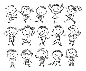 Leinwandbilder - Set of outline stick figure, happy kids clipart illustration