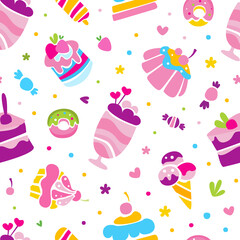 Sticker - Sweets Hand Drawn Cake, Cupcake and Ice Cream Dessert Vector Seamless Pattern