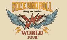 Rock And Roll Vintage T Shirt Design. Thunder  With Eagle Wing Vector Artwork For Apparel, Stickers, Posters, Background And Others. Rock Tour Vintage Artwork.