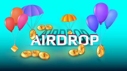 Wall Mural - Free airdrop Dollar USD and NFT non fungible token with golden coins and parachutes with balloons on light blue background. Distribution of collectible NFT.
