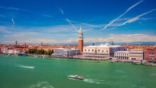Venice And St Mark's Campanile Aerial Panoramic Cityscape View Over The Grand Canal, Venezia, Italy