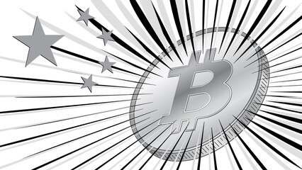 Wall Mural - Coin of bitcoin with stars from Chinese flag and rays in gray colors on white background. China one of leaders in BTC mining with large hashrate.