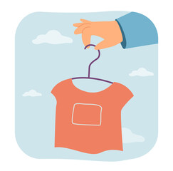 Poster - Hand holding stylish shirt on clothes hanger. Slow ethical fashion and conscious eco consumption for person flat vector illustration. Second hand concept for banner, website design or landing web page