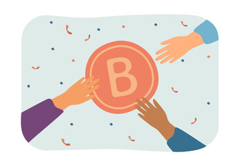 Poster - Hands reaching for big bitcoin amidst serpentine and confetti. Hype for cryptocurrency advertising among people flat vector illustration. Finance concept for banner, website design or landing web page
