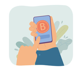 Poster - Hand touching slider on mobile phone screen with bitcoin. Person using digital wallet app for trade flat vector illustration. Online money concept for banner, website design or landing web page