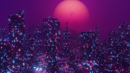 Rooftop View Neon Skyscraper Cyber Punk City Wallpaper Background 3d Render