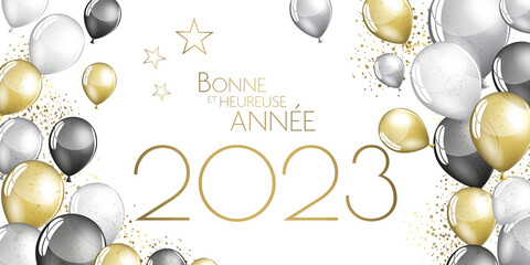 Happy new year 2023 - Black and gold ballons on a white background - party festive design