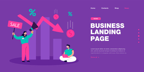 Poster - Shop assistant holding sale placard and megaphone. Price reduction, man shopping online on laptop flat vector illustration. Sale, shopping concept for banner, website design or landing web page
