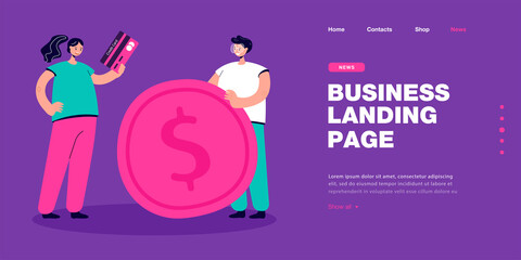 Poster - Tiny people holding golden coin and credit card. Financial investment of couple characters flat vector illustration. Family budget and finance concept for banner, website design or landing web page