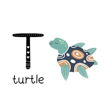 Children's Font. Letter T. Cute Cartoon Sea Turtle.
