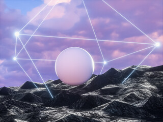Fototapeta Futuristic technology 3d landscape background with geometric wireframe neon light. Digital Terrain Cyberspace in the Mountains.