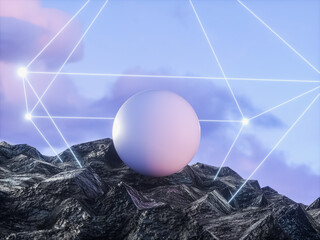 Poster - Futuristic technology 3d landscape background with geometric wireframe neon light. Digital Terrain Cyberspace in the Mountains.