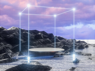 Poster - Futuristic technology 3d landscape background with geometric wireframe neon light. Digital Terrain Cyberspace in the Mountains.