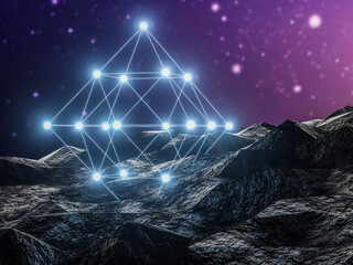 Poster - Futuristic technology 3d landscape background with geometric wireframe neon light. Digital Terrain Cyberspace in the Mountains.