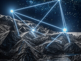 Poster - Futuristic technology 3d landscape background with geometric wireframe neon light. Digital Terrain Cyberspace in the Mountains.