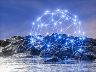 Poster - Futuristic technology 3d landscape background with geometric wireframe neon light. Digital Terrain Cyberspace in the Mountains.