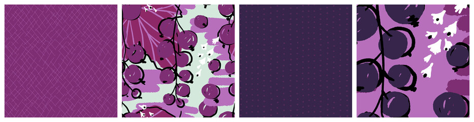 Wall Mural - Black currant seamless pattern set. Abstract berry vector textile print in purlpe and lilac colors. Trendy hand drawn design for juice or candy product packaging background or summer fashion fabric.