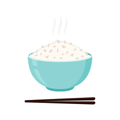 Wall Mural - Rice in the bowl and chopsticks. Vector stock of cooked rice in a ceramic bowl. Japanese rice.