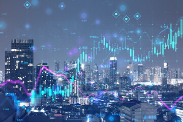 Poster - Double exposure with digital financial stock market chart on technology abstract background and night city skyline