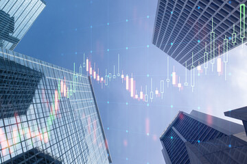 Poster - Real estate market growth concept with digital screen with raising stock market candlestick on blue sky and tops of modern skyscrapers background. Double exposure
