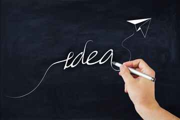 Poster - Business strategy, soft skills and creative idea concept with man hand writing on blackboard idea word