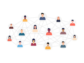 Social network scheme people in circular shape. Business human Internet connection with dotted lines. Multicultural men and women avatars world cooperation. Vector isolated on white.