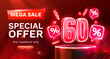 Mega sale special offer, Neon 60 off sale banner. Sign board promotion. Vector