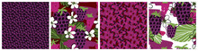 Blackberry Seamless Pattern Set. Abstract Bramble Berry And Flower Vector Textile Print In Purlpe And Green Colors. Trendy Hand Drawn Design For Nectar Or Jam Product Packaging Background