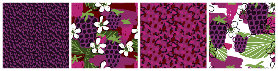 blackberry seamless pattern set. abstract bramble berry and flower vector textile print in purlpe an