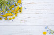 Bouquet of dandelions and forget-me-nots on a light wooden background, top view. Flat lay, copy space