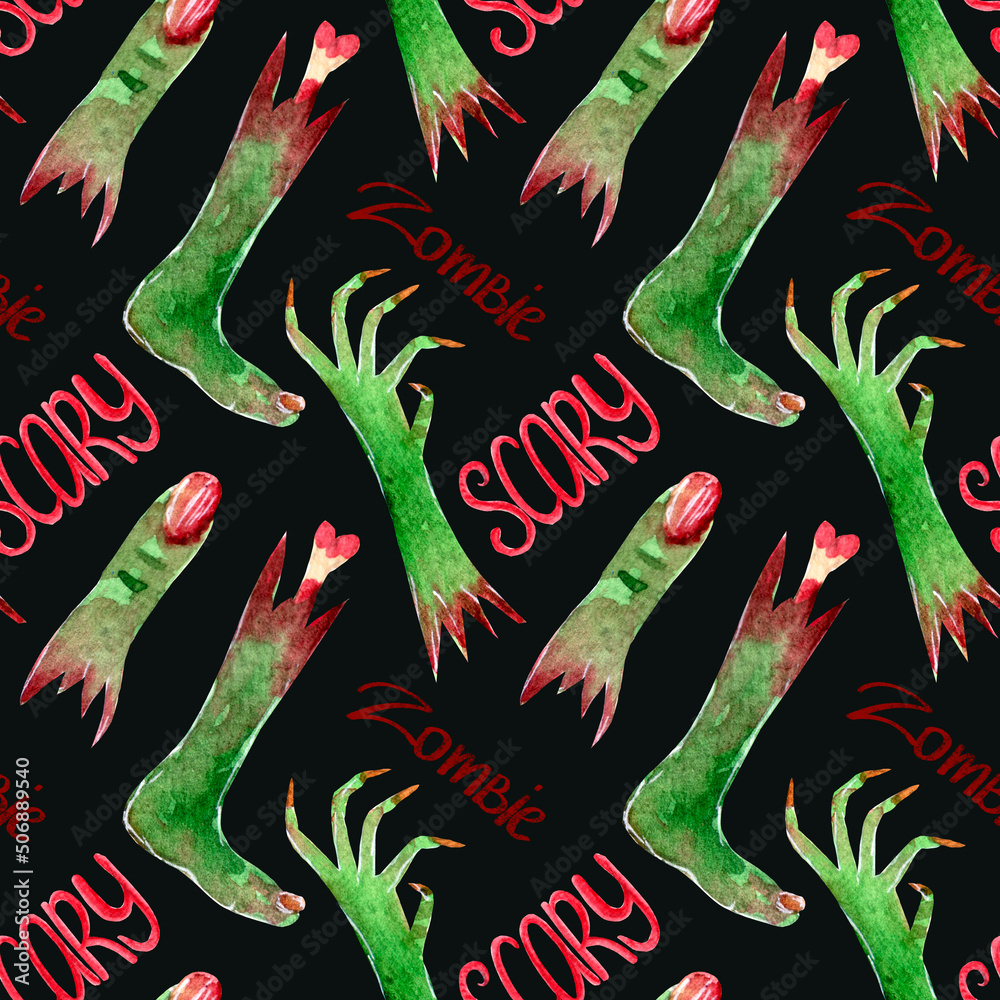 Zombie Prom Pattern Background Watercolor halloween zombie pattern red text on a dark background ...