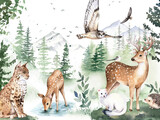 Fototapeta Dziecięca - Watercolor woodland animals, cute deer, owl, lynx, hedgehog, ermine. Painted isolated hand drawn illustration.  Foggy forest landscape, nursery design, poster, postcard