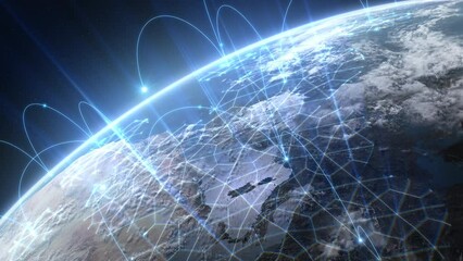 Wall Mural - growing network grid over the earth at sunset. digital worldwide blue abstract net expansion view fr