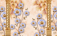 3D Purple Flower Golden Wallpaper With Marble Texture Background