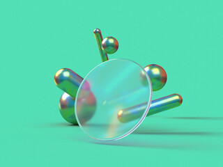 Aufkleber - 3D rendered illustration in metal and green colors. A minimal abstract scene with geometrical forms on a green background. Set of Geometric shapes in a dynamic composition.