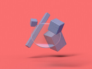 Aufkleber - 3D rendered illustration in grey and red colors. A minimal abstract scene with geometrical forms on a red background. Set of Geometric shapes in a dynamic composition.