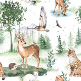 Fototapeta Dziecięca - Watercolor woodland animals seamless pattern, cute deer, owl, lynx, hedgehog, ermine. Hand drawn illustration.  Forest landscape, nursery design for prints, postcards, greeting cards, textile