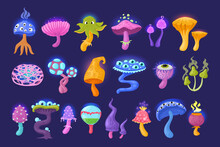 Cartoon Psychedelic Mushrooms, Magical, Alien Plants. Fantastic Fairytale Forest Hallucinogenic Mushrooms Vector Symbols Illustrations Set. Magical Alien Mushroom Plants